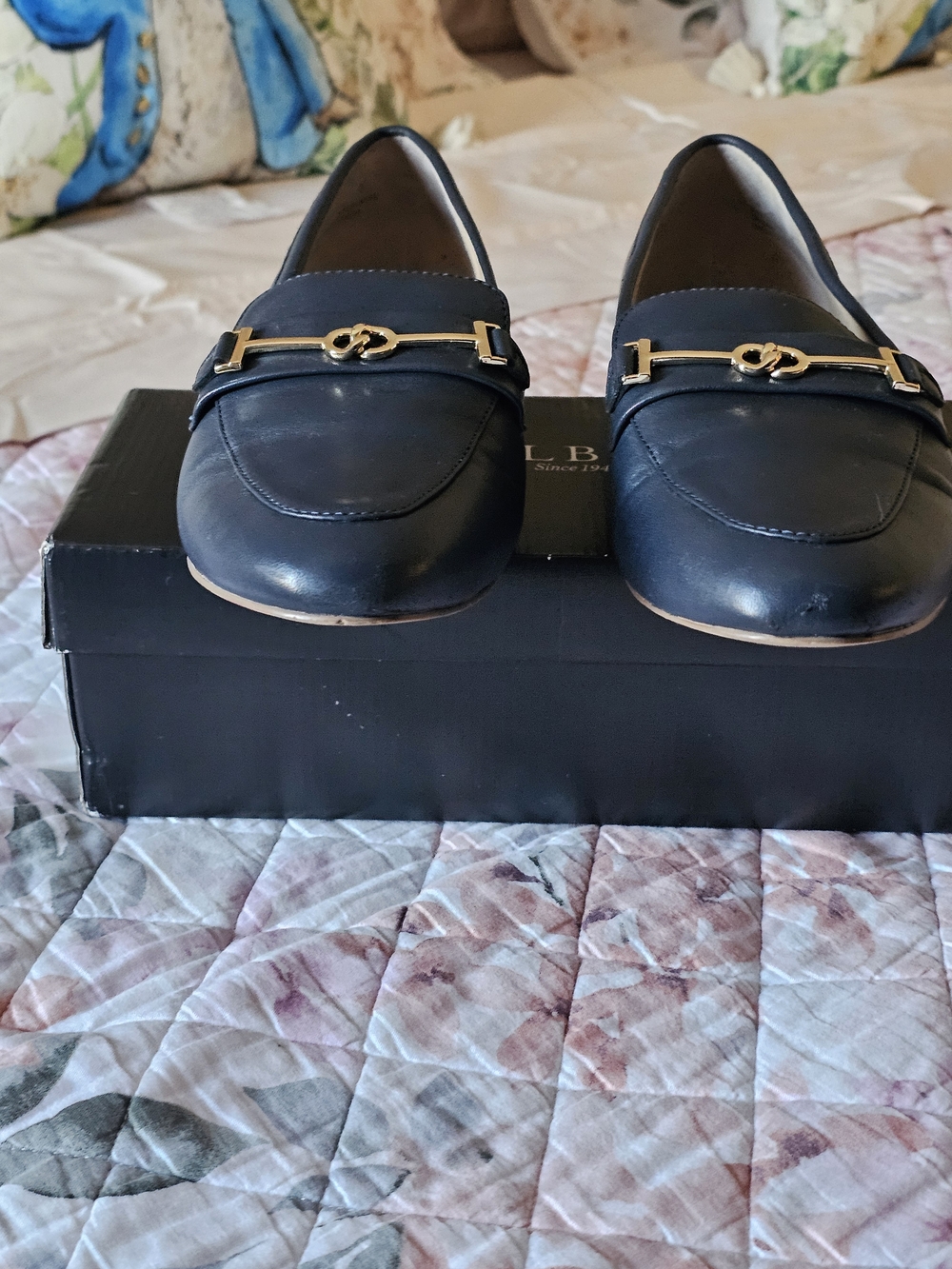 Talbots Navy Leather Slip-On Loafers with Gold Bit Hardware